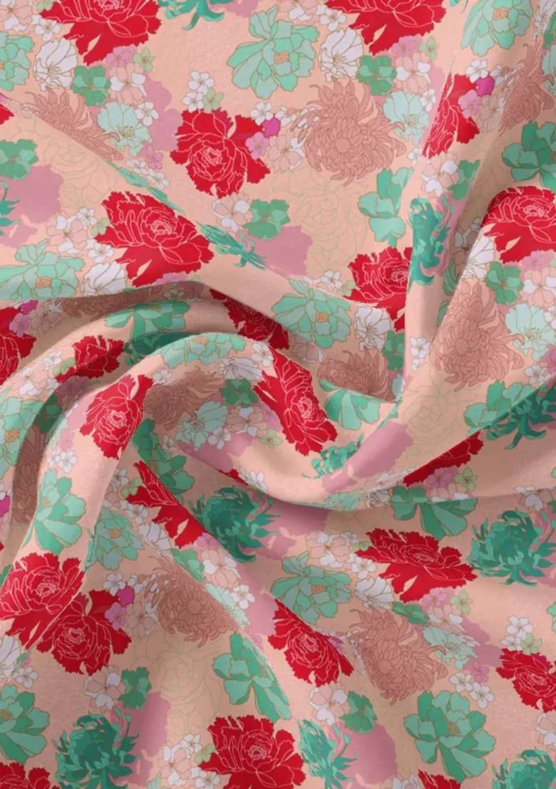 Girls Peach Floral Print Chiffon Kurta Set - Indya