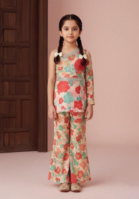 Girls Peach Floral Print Chiffon Kurta Set