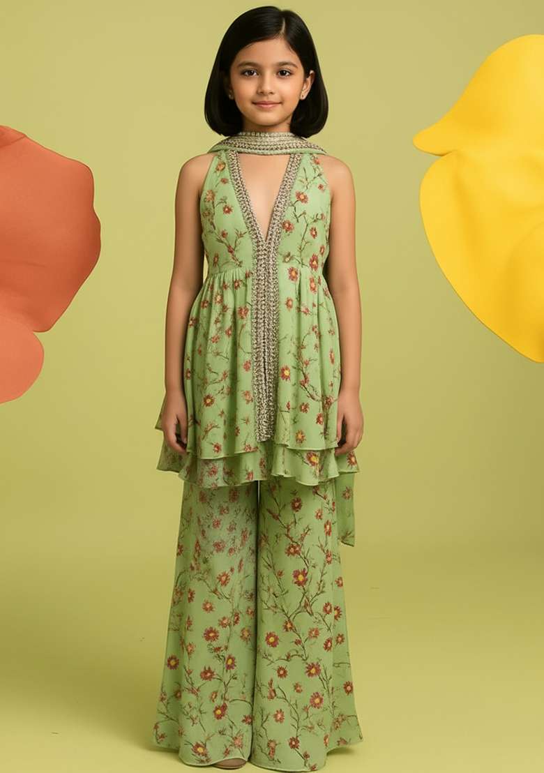 Girls Yellow Floral Print Georgette Kurta Set - Indya