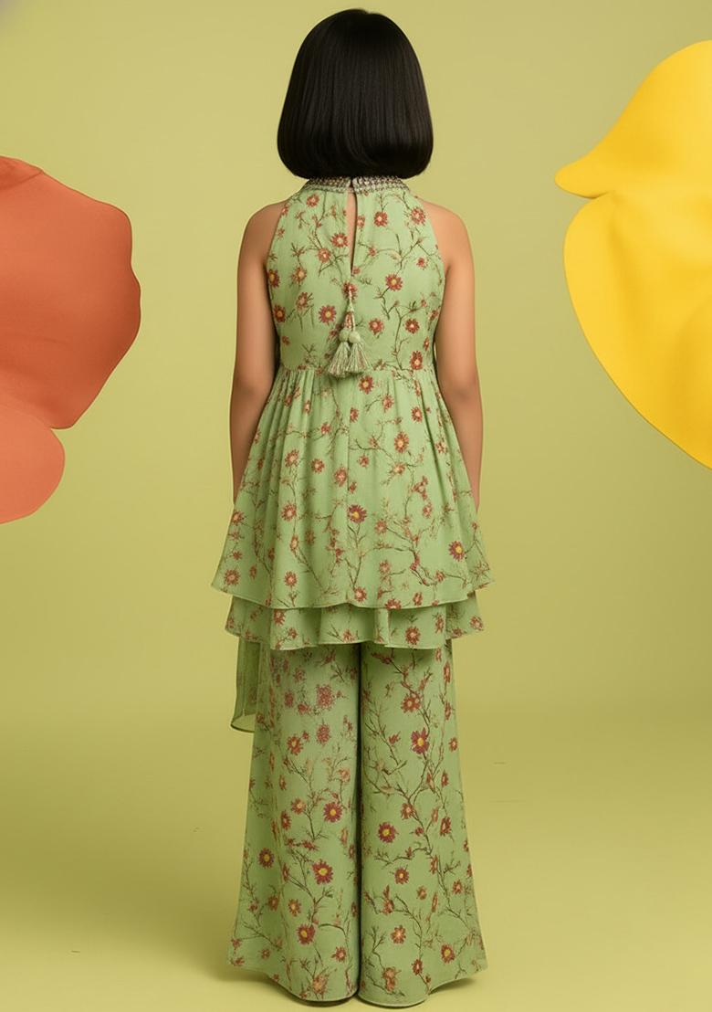 Girls Yellow Floral Print Georgette Kurta Set - Indya