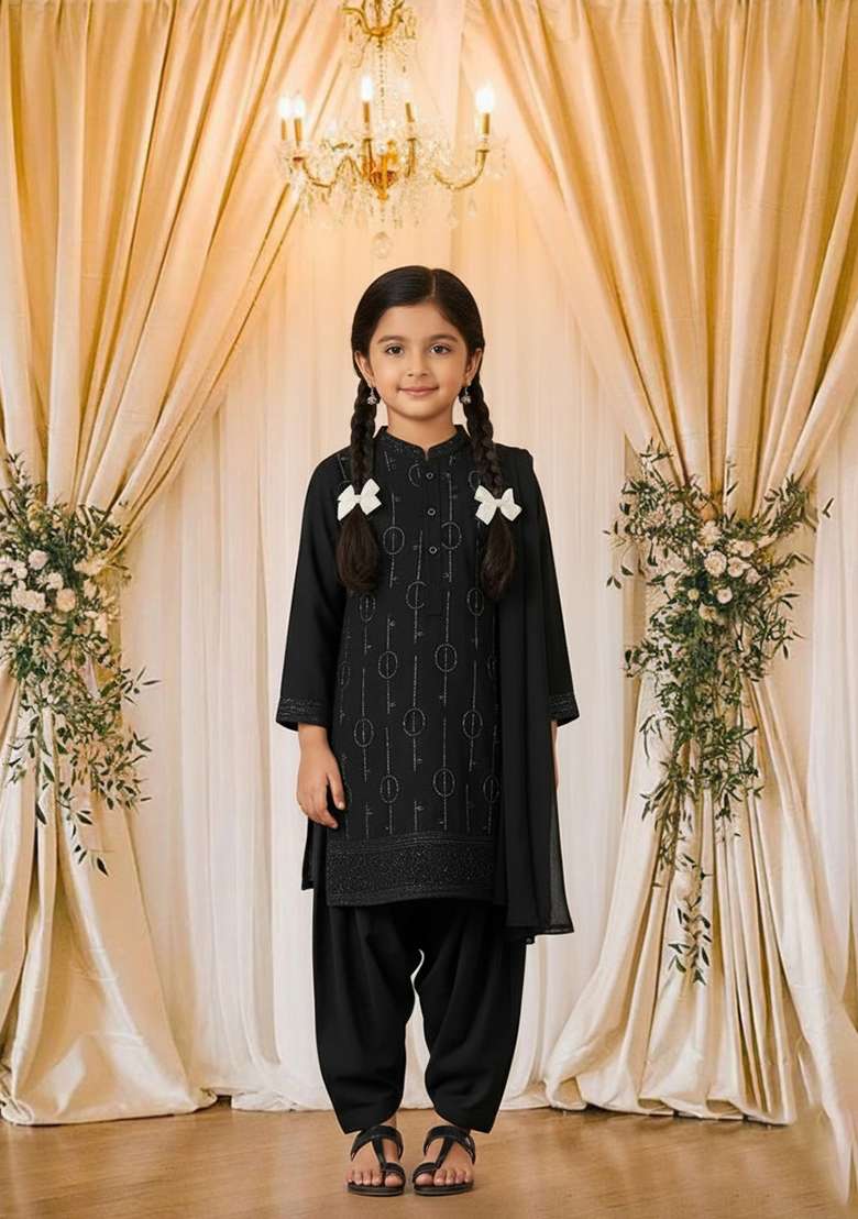 Girls Black Embroidered Organza Kurta Set - Indya