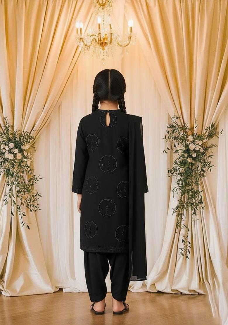 Girls Black Embroidered Organza Kurta Set - Indya