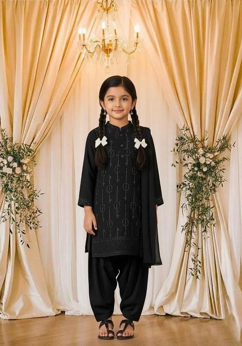 Girls Black Embroidered Organza Kurta Set