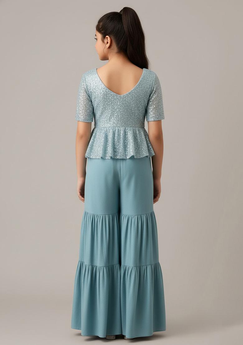 Girls Sage Green Embellished Georgette Sharara Set - Indya