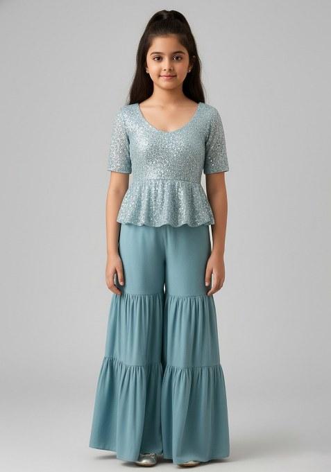 Girls Sage Green Embellished Georgette Sharara Set