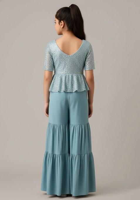 Girls Sage Green Embellished Georgette Sharara Set