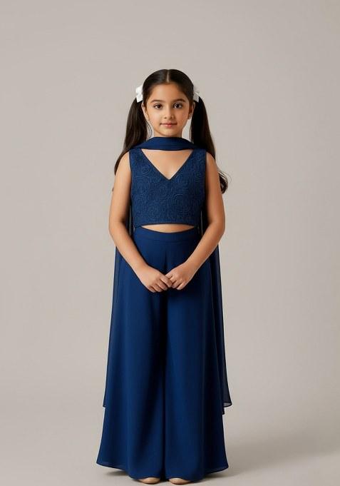 Girls Blue Embellished Georgette Sharara Set