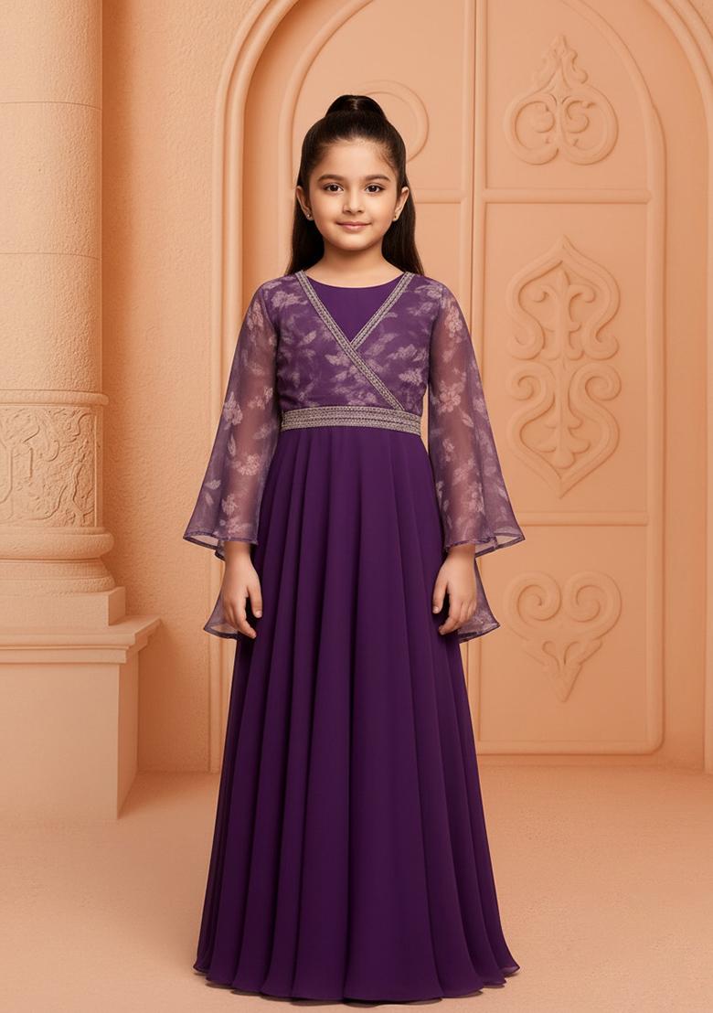 Girls Purple Floral Print Georgette Anarkali Set