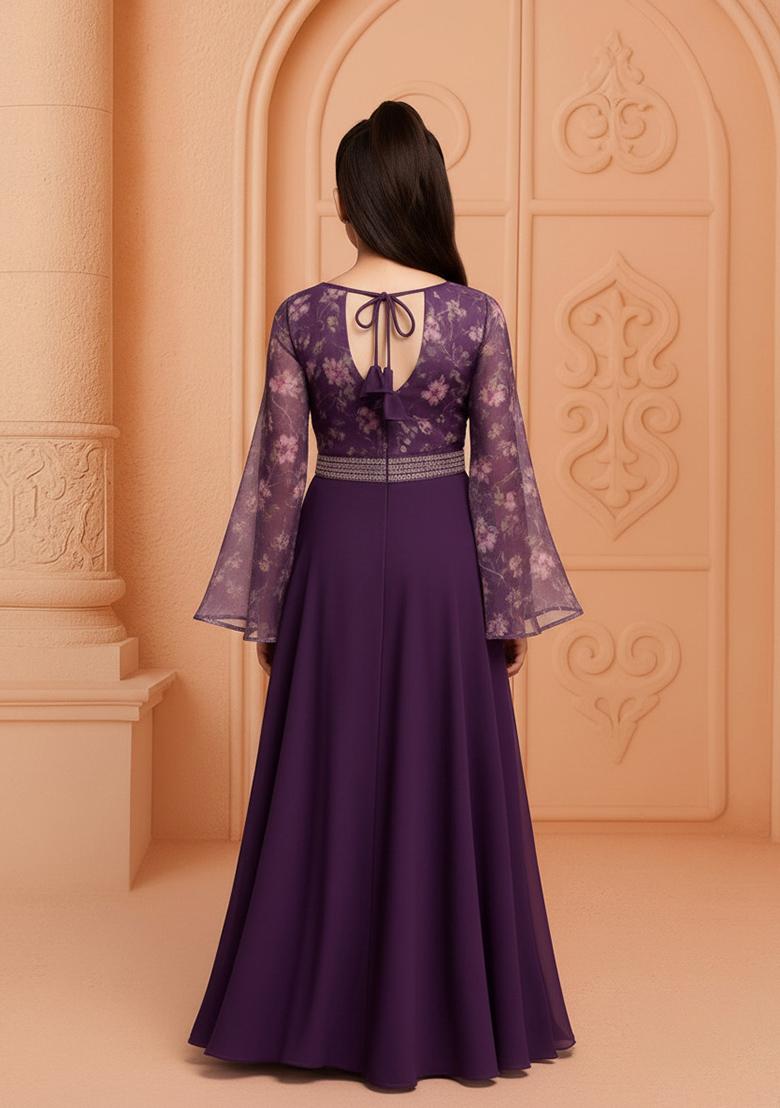 Girls Purple Floral Print Georgette Anarkali Set