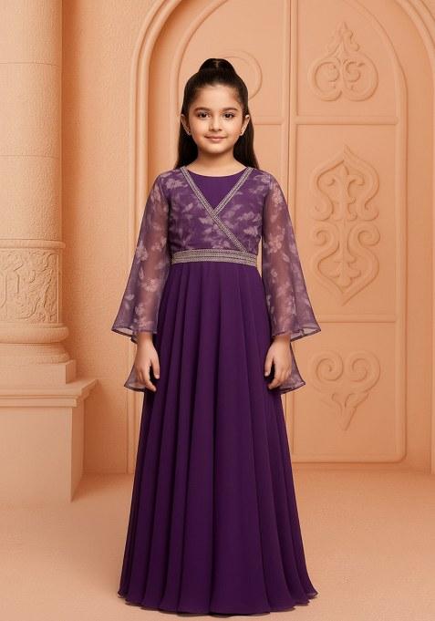 Girls Purple Floral Print Georgette Anarkali Set