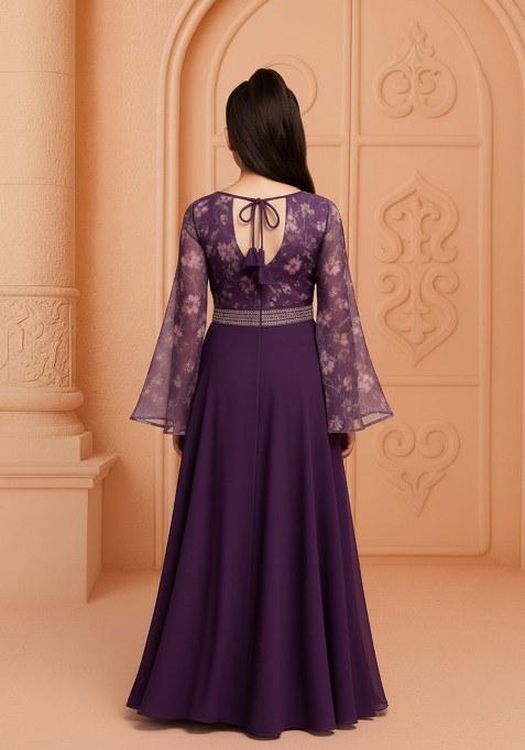 Girls Purple Floral Print Georgette Anarkali Set