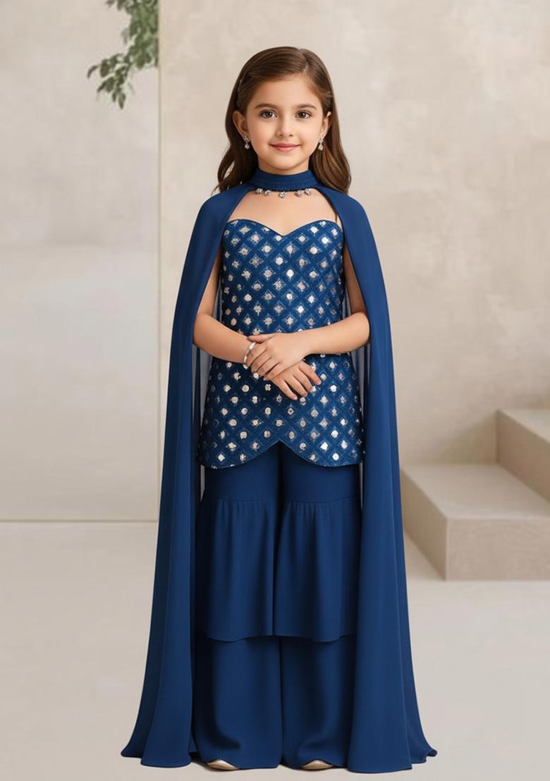 Girls Blue Embellished Silk Sharara Set