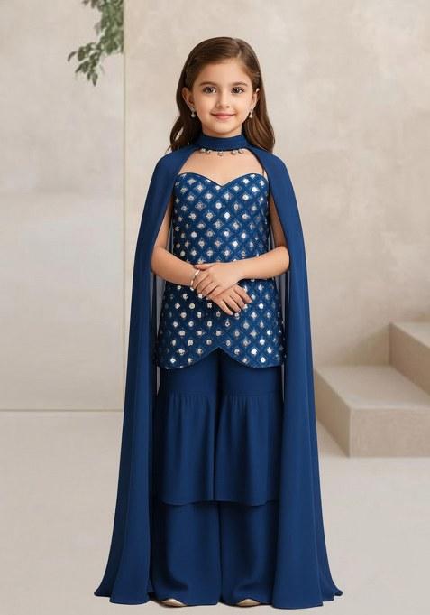Girls Blue Embellished Silk Sharara Set