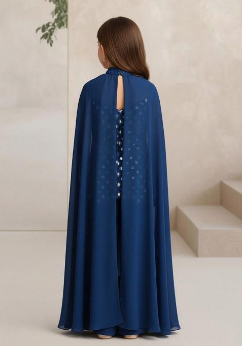 Girls Blue Embellished Silk Sharara Set