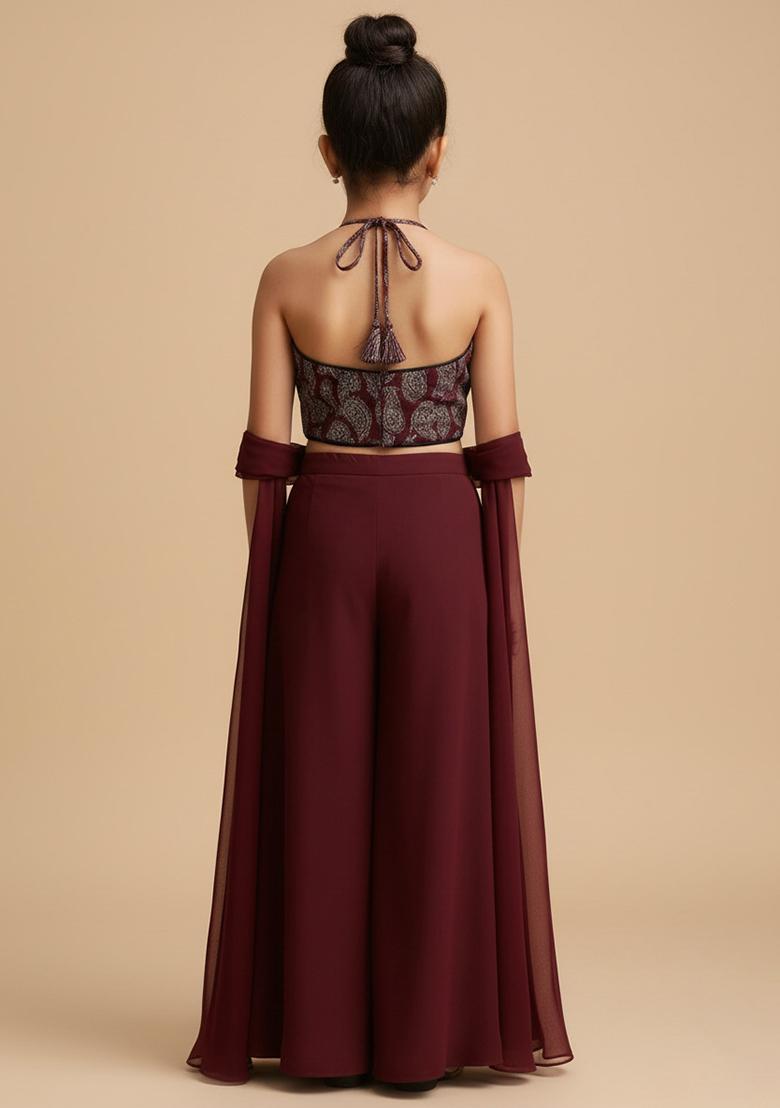 Girls Maroon Embellished Georgette Fusion Set - Indya