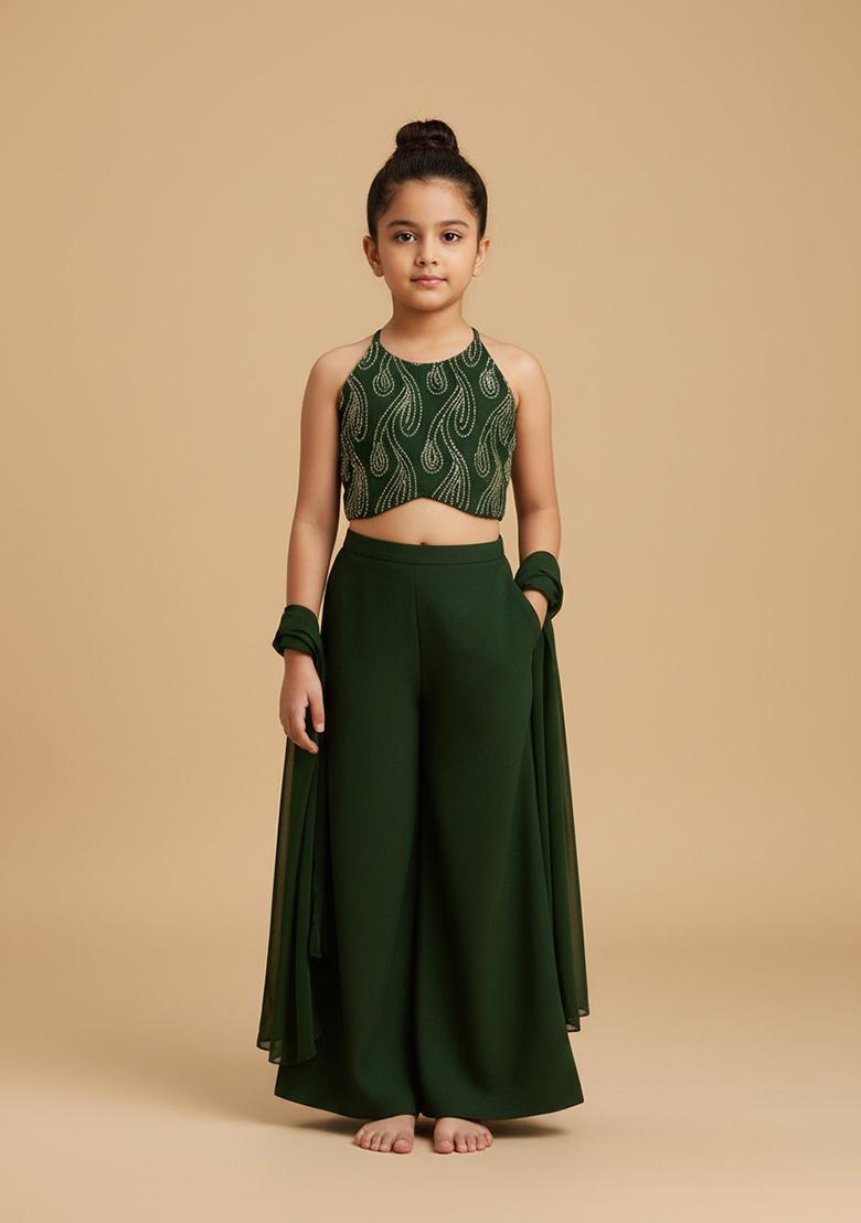 Girls Green Embellished Georgette Fusion Set