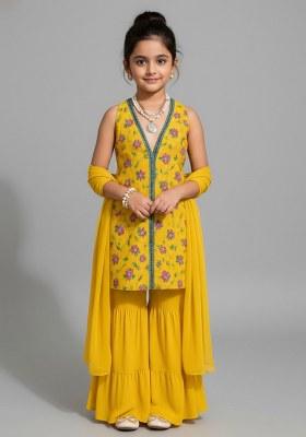Girls Yellow Embroidered Crepe Sharara Set