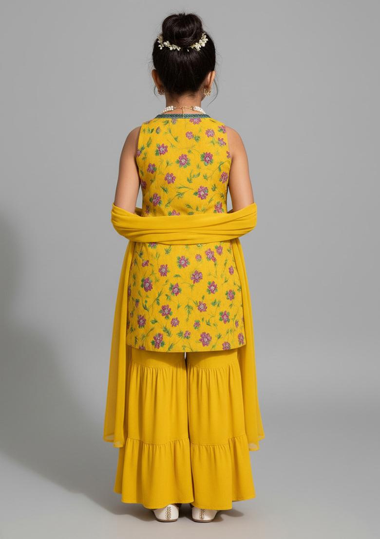 Girls Yellow Embroidered Crepe Sharara Set - Indya