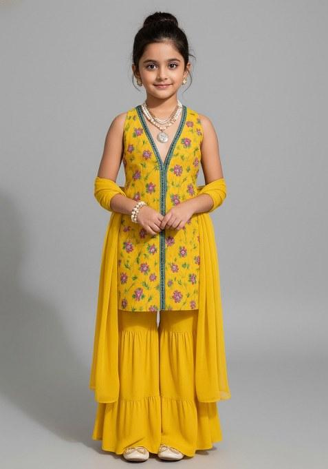 Girls Yellow Embroidered Crepe Sharara Set