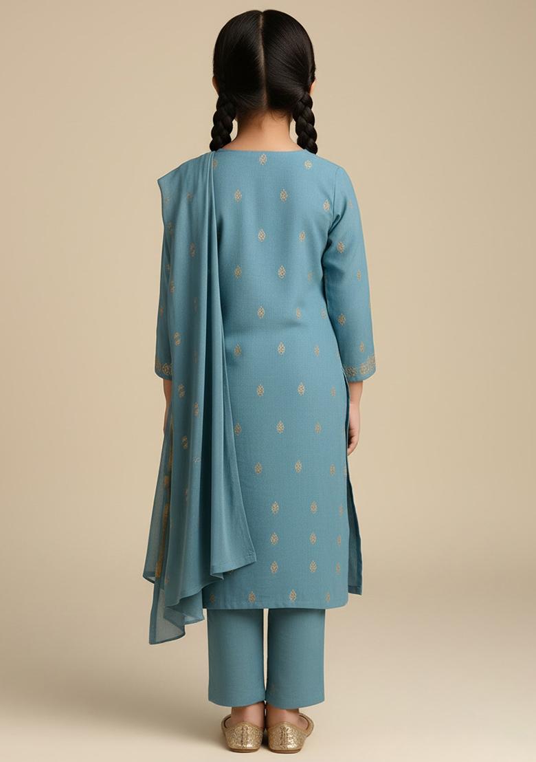 Girls Sky Blue Embroidered Tissue Kurta Set - Indya