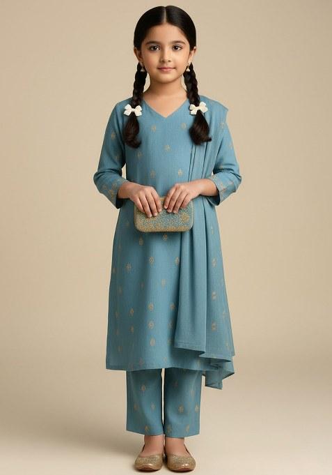 Girls Sky Blue Embroidered Tissue Kurta Set