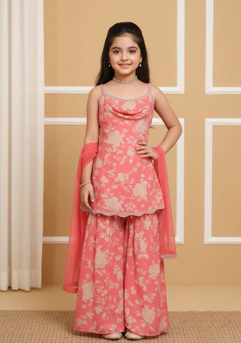 Girls Orange Floral Print Satin Fusion Set - Indya