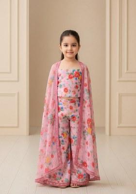 Girls Pink Floral Print Georgette Sharara Set