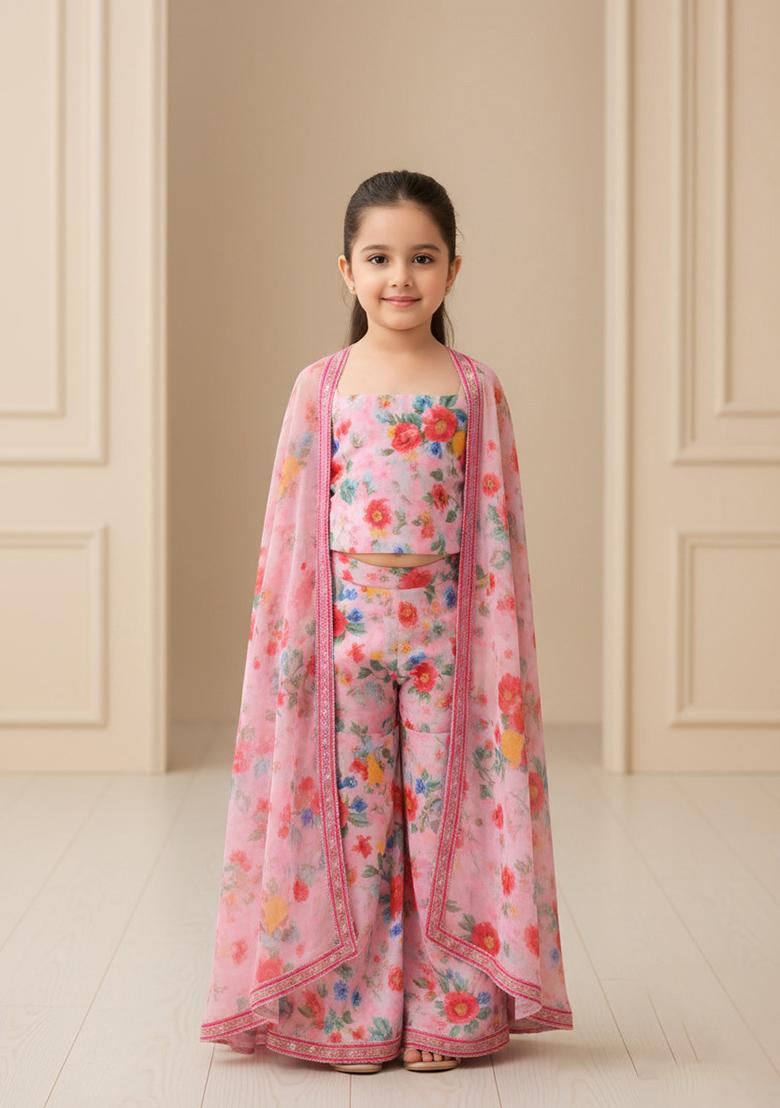 Girls Pink Floral Print Georgette Sharara Set - Indya