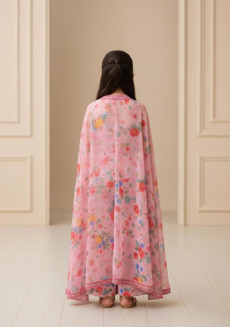 Girls Pink Floral Print Georgette Sharara Set