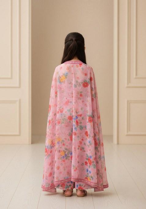 Girls Pink Floral Print Georgette Sharara Set