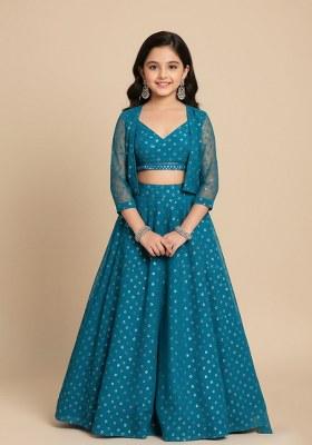 Girls Teal Embroidered Georgette Lehenga Set