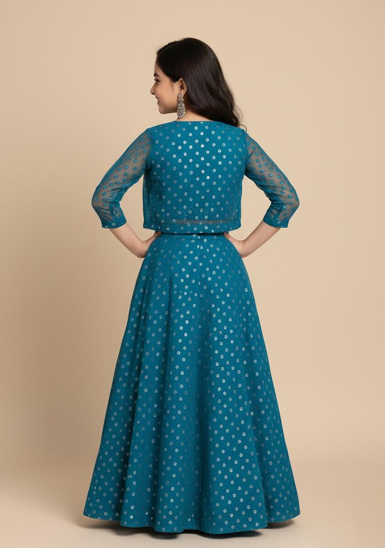 Girls Teal Embroidered Georgette Lehenga Set - Indya
