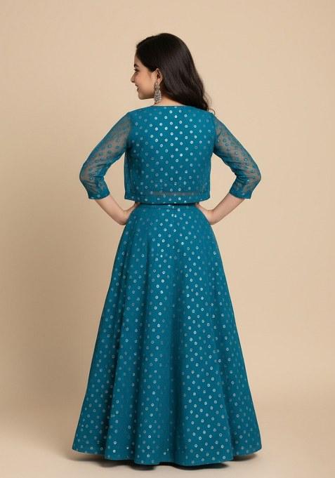 Girls Teal Embroidered Georgette Lehenga Set