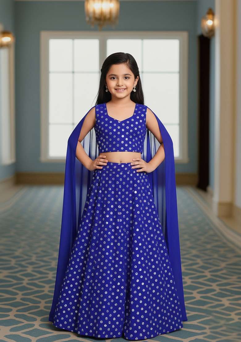 Girls Blue And Purple Embroidered Georgette Lehenga Set - Indya