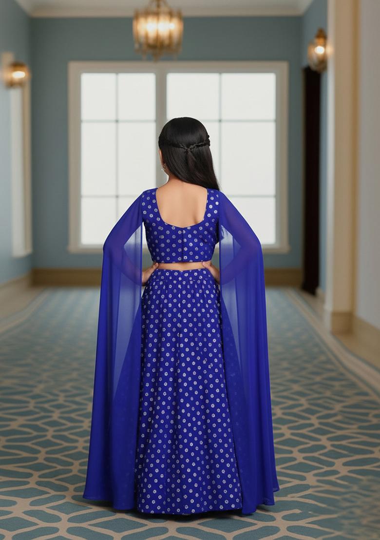 Girls Blue And Purple Embroidered Georgette Lehenga Set - Indya
