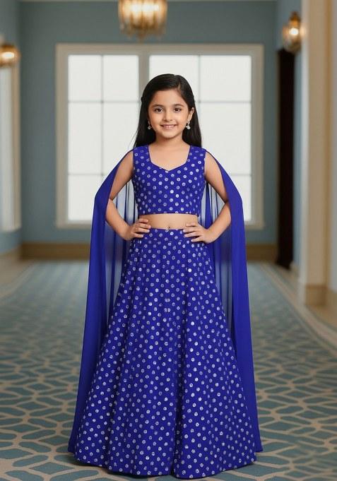Girls Blue And Purple Embroidered Georgette Lehenga Set