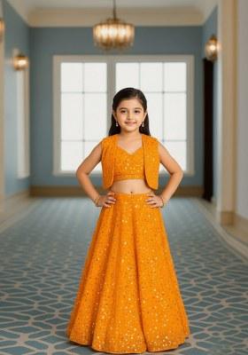 Girls Yellow Embroidered Georgette Lehenga Set