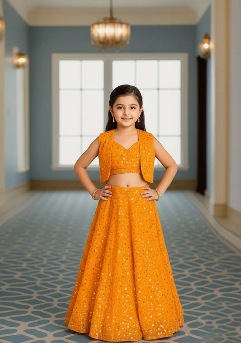 Girls Yellow Embroidered Georgette Lehenga Set - Indya