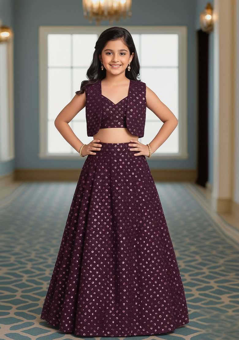 Girls Brown Embroidered Georgette Lehenga Set - Indya