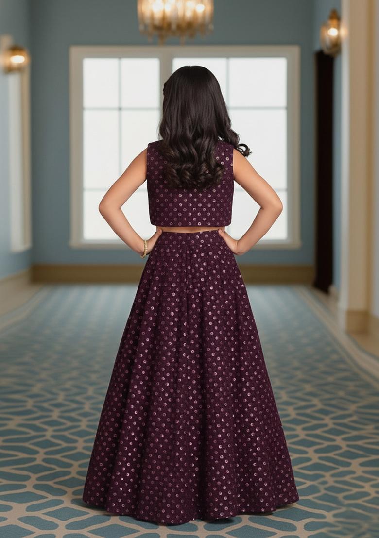 Girls Brown Embroidered Georgette Lehenga Set - Indya