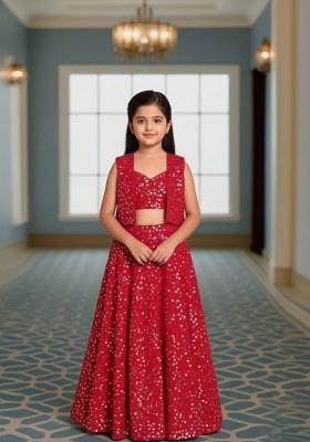 Girls Pink Embroidered Georgette Lehenga Set