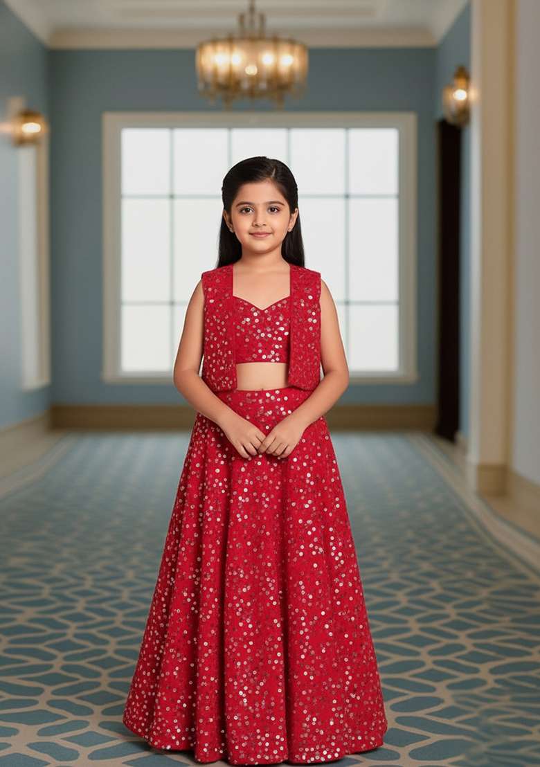 Girls Pink Embroidered Georgette Lehenga Set - Indya
