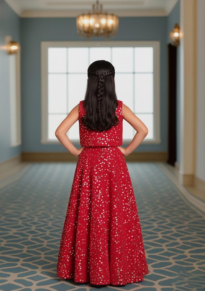 Girls Pink Embroidered Georgette Lehenga Set - Indya