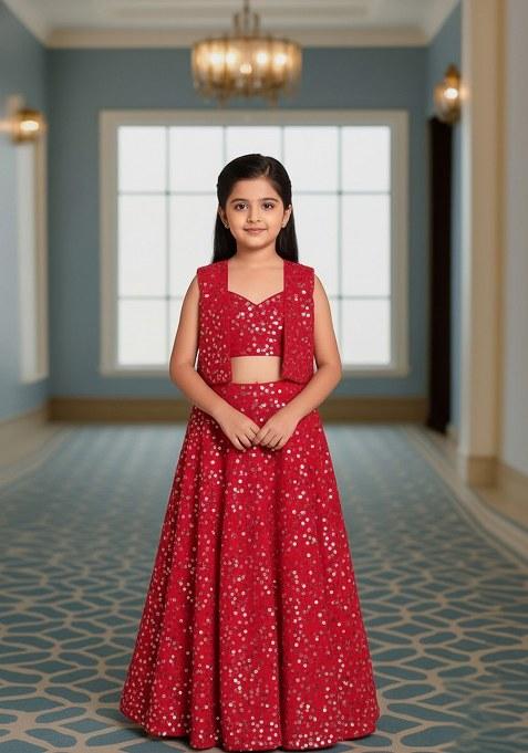 Girls Pink Embroidered Georgette Lehenga Set