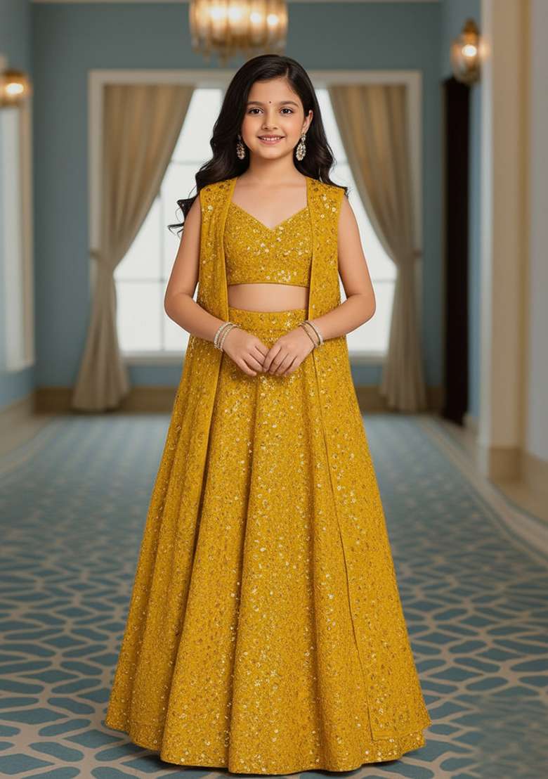 Girls Mustard Embroidered Georgette Lehenga Set - Indya