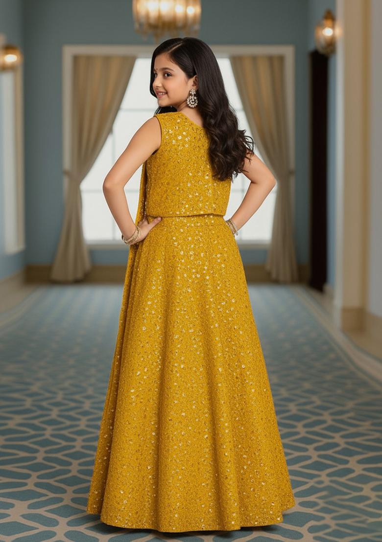 Girls Mustard Embroidered Georgette Lehenga Set - Indya