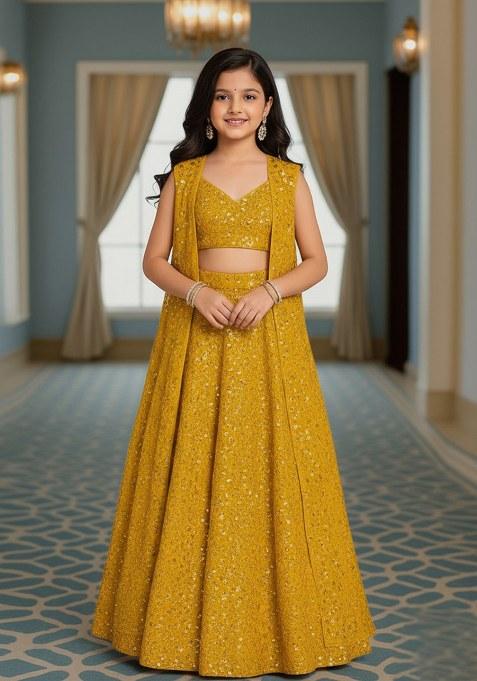 Girls Mustard Embroidered Georgette Lehenga Set