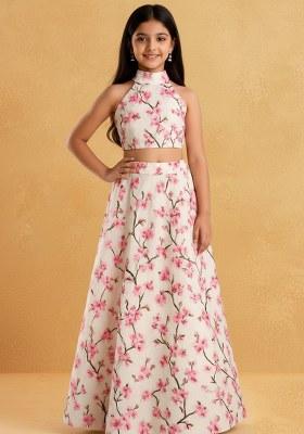 Girls Peach Floral Print Silk Lehenga Set