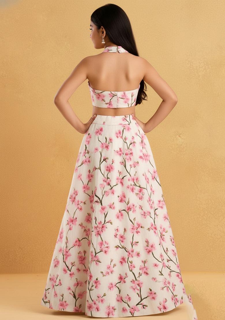 Girls Peach Floral Print Silk Lehenga Set - Indya
