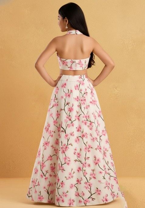 Girls Peach Floral Print Silk Lehenga Set